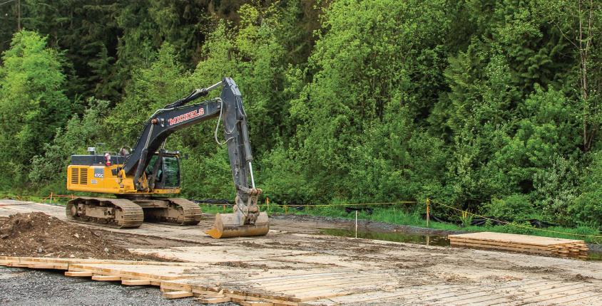 excavator parked along a construction site beside a forest