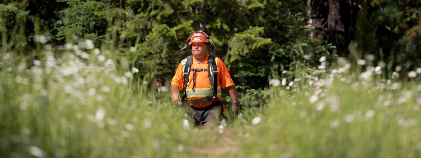 A Nupqu team member walks through a field to do pre-construction surveying