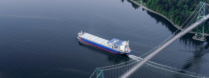 LNG fuelled ship passes under the Lions Gate Bridge