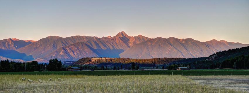 Looking across a field at a sunrise over a mountain range