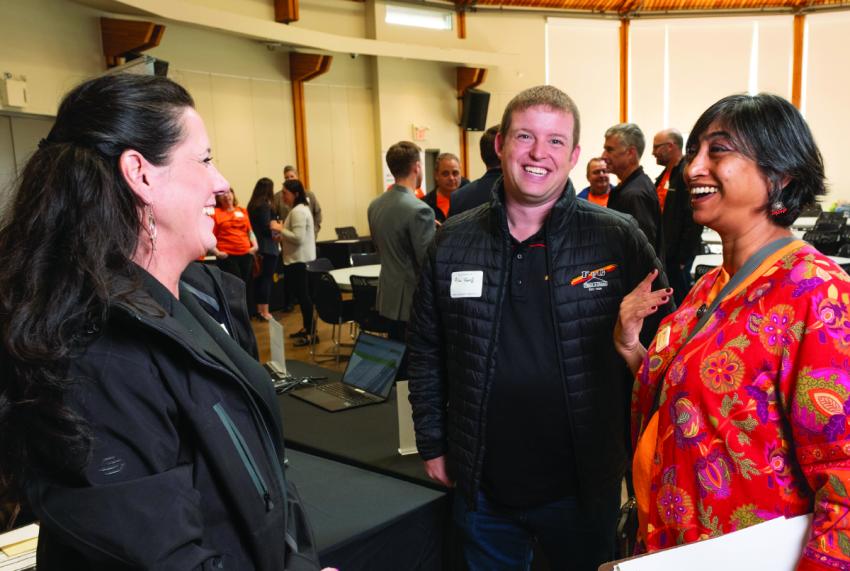 (L to R) Deanna Smith, Ryan Ford and FortisBC’s Anasuya Kesavan at the FortisBC & Musqueam Indian Band B2B community event at the Musqueam Cultural Centre on September 27, 2023.