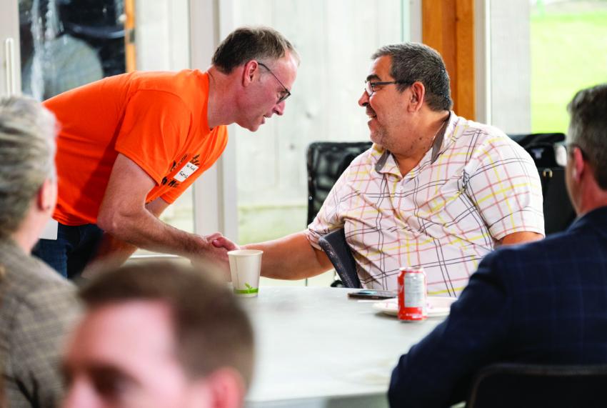 (L to R) FortisBC’s Ian Finke, director, LNG operations shakes hands with Musqueam Indian Band (MIB) Chief Wayne Sparrow at the FortisBC & MIB B2B community event at the Musqueam Cultural Centre on September 27, 2023.